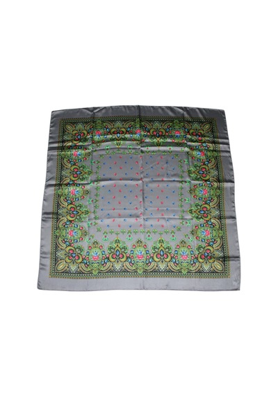 Tikitonki Kare Kesim Etnik Çiçek Desenli Saten Gri Eşarp - 90x90 Gri Gri