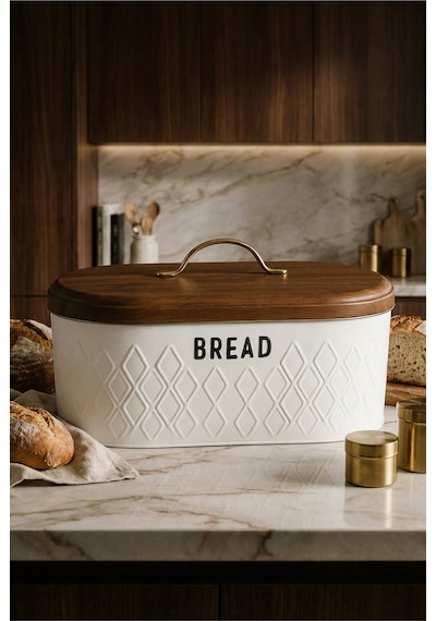 Makri Home Ekmeklik, Metal Ekmek Kutusu, Desenli Beyaz Ekmek Sepeti, 34 X 19 X 16 Cm Çok Renkli