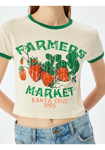 Koton Bisiklet Yaka Çilek Baskılı Crop Biyeli Pamuklu Tişört Bej 5sal10240ık Ekru