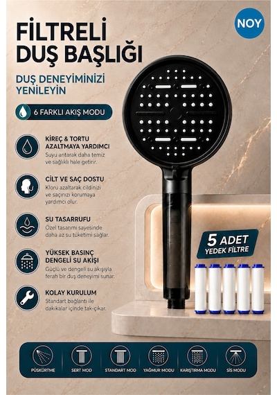 Duş Başlığı Seti Filtreli Duş Başlığı 6 Fonksiyonlu 5 Yedek Filtre Hediyeli Premium Serisi Siyah