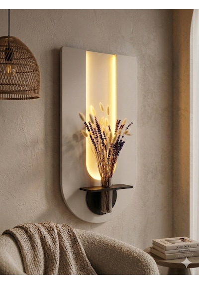 Begonvil Ahşap Pilli Ledli İskandinav Salon Duvar Rafı Şık Modern Çiçeklik 40 X 75 Cm Paris Grisi - Antrasit