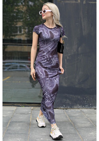 Madmext Lacivert Batik Desen Uzun Elbise Mg1723-lacivert