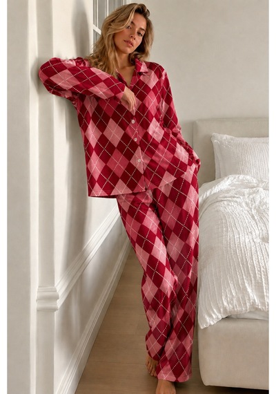 Kadın Bürümcük Tam Boy Kırmızı Pijama Takımı