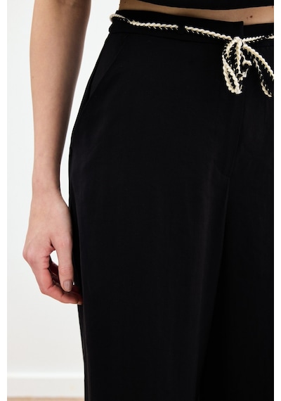 Sateen Örgü Kemerli Pantolon - Siyah-136168 Siyah