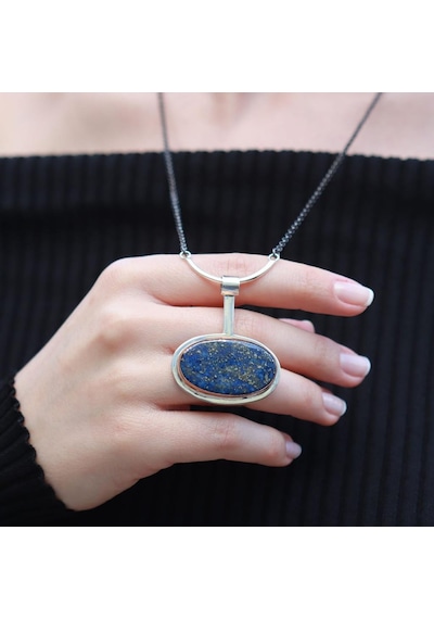 Oval Lapis Lazuli Taşlı Zinciri Oksitli Otantik Gümüş Kolye Gümüş