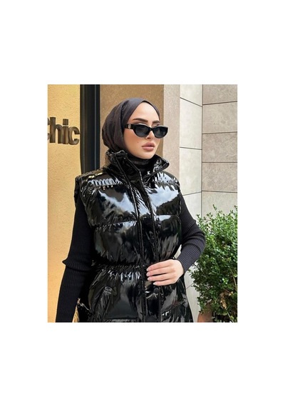 Hb Harma Time Butik Kadın Fermuarlı Çıt Çıtlı Cepli Siyah Parlak Şişme Yelek Siyah Siyah