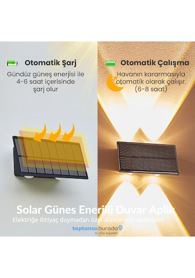 Technosmart 2adet Güneş Enerjili Çift Taraflı 4 Ledli Aplik Sarı Işık Duvar Lambası Bahçe Aydınlatma