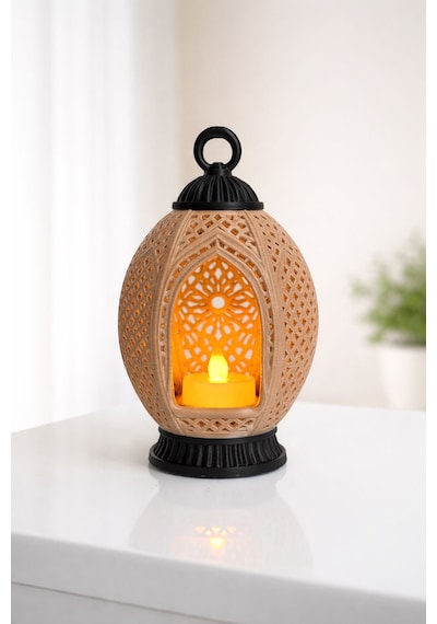 Bohem Desenli Led Mum Dekoratif Fener Açık Kahverengi