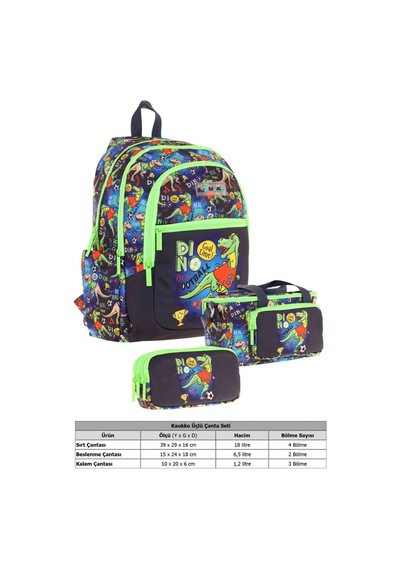 Kaukko Kids Erkek Çocuk İçin Siyah Yeşil Renkli Dinazor Desenliüçlü Okul Çanta Kombinasyonu Siyah - Yeşil