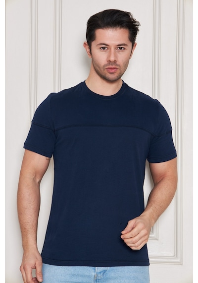 Jeuss Erkek Viscon Lina Likralı Kumaş Bisiklet Yaka Lacivert Tshirt