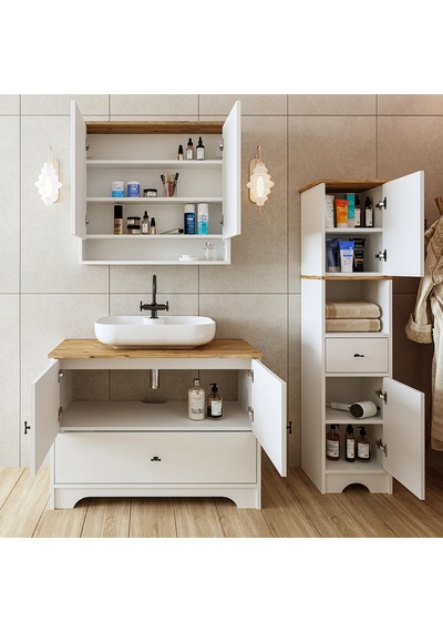 Oval Lavabolu Mat Beyaz Mdf 100 Cm Çekmeceli Banyo Dolabı Aria Atlantik Çam - Beyaz