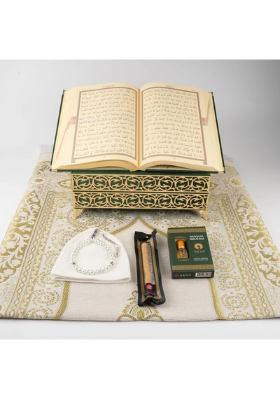 Kuran + Seccade + Tesbih + Takke + Esans + Misvak Hediye Seti Orta Boy, Raşel Cilt, Yeşil