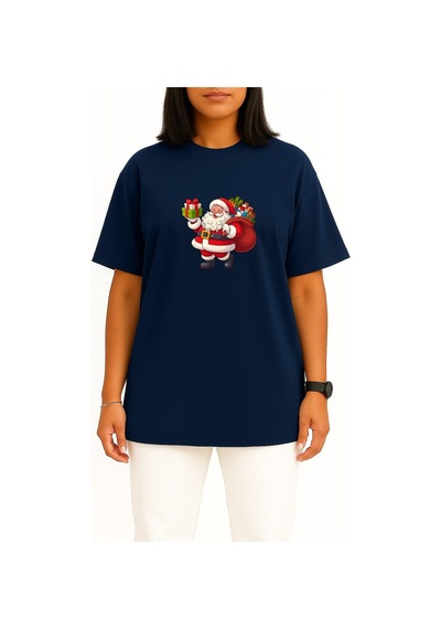 Bahriyeli Collection Oversize Noel Baba Yılbaşı Göğüs Baskılı Unisex T-shirt Lacivert