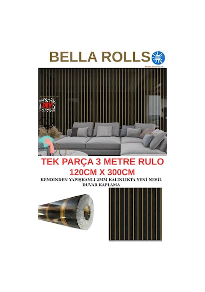 120cmx300cm Tek Parça Yapışkanlı Rulo Gold Çizgili Düz Parlak Siyah Duvar Paneli Kağıdı Şile Qm0132