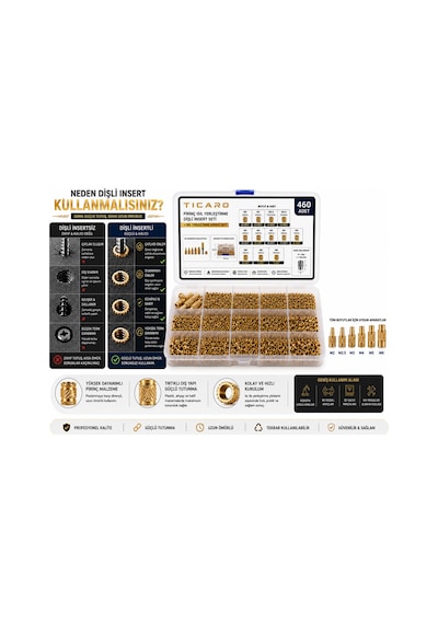 Tıcaro 460 Adet Pirinç Insert Somun Seti, M2 M2.5 M3 M4 M5 M6, Isıl Yerleştirme Diğer