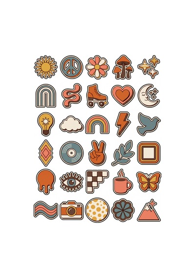 30 Adet Retro 70'ler Nostaljik Sticker Seti - Laptop Defter Telefon İçin Çok Renkli
