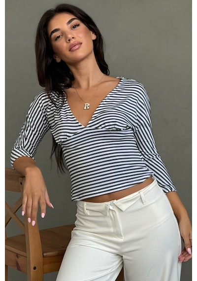 Madmext Haki Çizgili V Yaka Slim Fit Kadın Bluz Mg2887