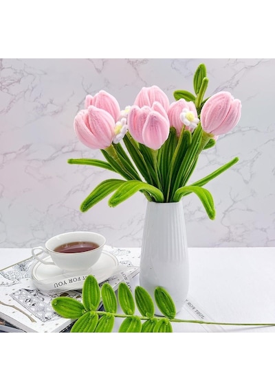 100 Adet Pembe Ve Koyu Yeşil Renkli Şönil , Çiçek Yapım Seti, Tüylü Tel, 30 Cm, Peluş Te