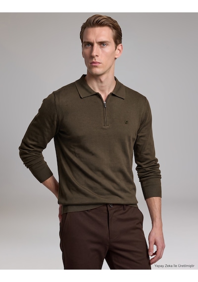 Pierre Cardin Haki Slim Fit Fermuarlı Polo Yaka Basic Triko Kazak 50333917-vr027
