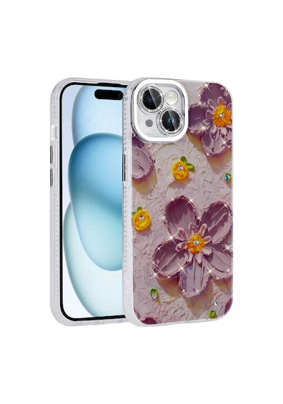 Zore Apple iPhone Uyumlu 14 Kılıf Çiçek Desenli Parlak Taşlı Sert Silikon Omsy Garden Kapak - Beyaz