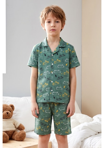 Aydoğan Desenli Erkek Çocuk Süprem Pamuklu Pijama Takımı 260357 Yeşil