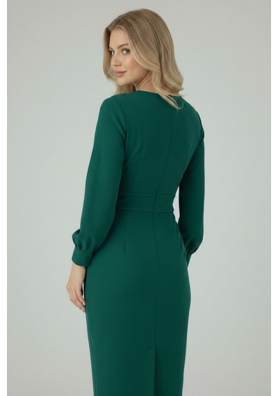 Defymoda Kadın Klasik Kesim Manşetli Elbise Yeşil