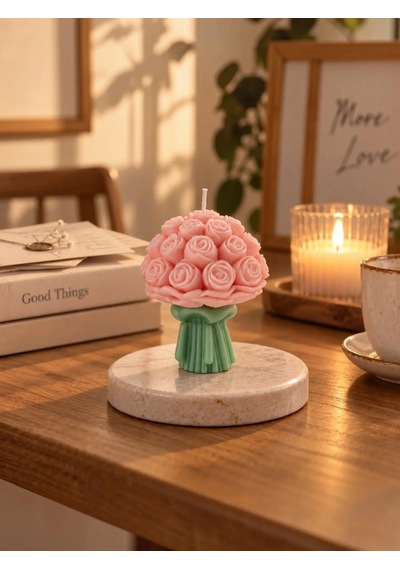 Mumelia Gül Buket - Doğal Soya Hediyelik Mum - Pembe - 15