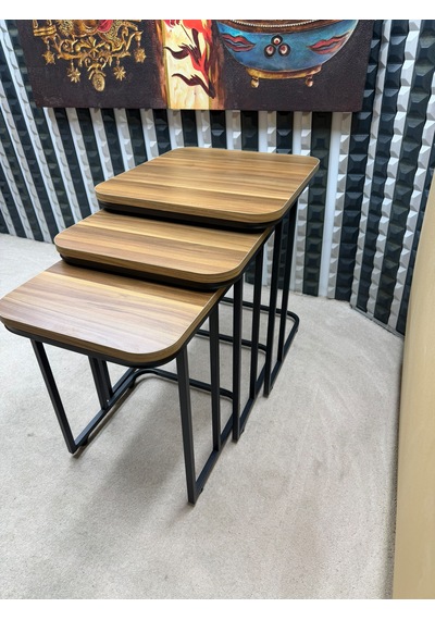 3 Lü Zigon Sehpa Seti Metal Ayaklı Ahşap Desen Tabla Modern Tasarım Amalfi Cevizi