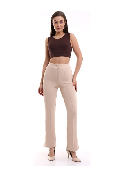 Winmoda34 Kadın Ultra Yüksek Bel Önü Dikişli Palazzo Pantolon Krem