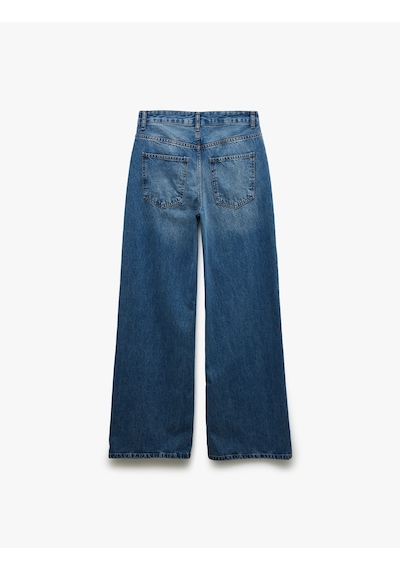 Koton Bol Paça Cepli Düğmeli Jean Pantolon - Loose Straight Fit Jean Orta İndigo 5sal40236md Indigo