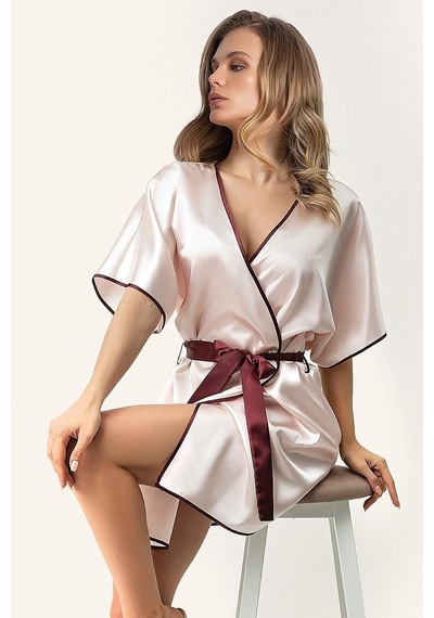 Saten Kuşaklı Biye Detaylı Sabahlık,002-001284 Altın - Siyah