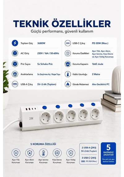 Lbk 5 Li Akım Korumalı Çoklu Priz 2 Metre Kablolu 3680w 16a 5 Anahtarlı 2usb-a 2 Usb-c Pd 20w Hızlı Ftr-28 Diğer