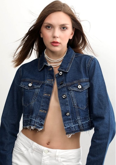 Kadın Püsküllü Crop Jean Ceket mavi