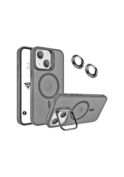 iPhone Uyumlu 14 Plus / 15 Plus Kamera Koruma Stantlı Magsafe Destekli Lens Koruyucu Telefon Kılıfı Gri