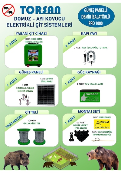 Torsan Güneş Panelli Pro Plus 1000 Elektrikli Çit Sistemi Domuz - Ayı Kovucu 1000mt