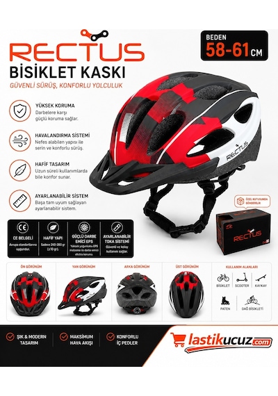 Bisiklet Kaskı Kırmızı Siyah Beyaz Yetişkin Vizörlü Led Işıklı Beden 58/61