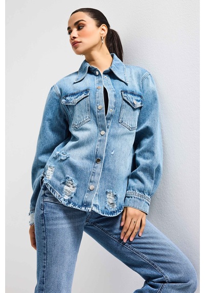 it's basic Kadın Mavi 12s6-4 Yırtık Detaylı Denim Gömlek