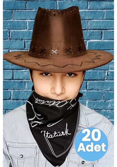 Uniquetrenders Çocuk Unisex Bandanalı 20'li Nubuk Kovboy Şapkası 8-14 Yaş Kahverengi 6