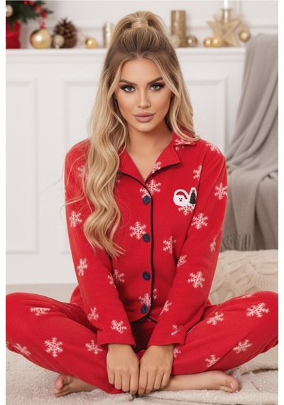 Siyah İnci Yılbaşı Temalı Nakışlı Kar Tanesi Desenli Polar Kışlık Örme Pijama Takım Kırmızı