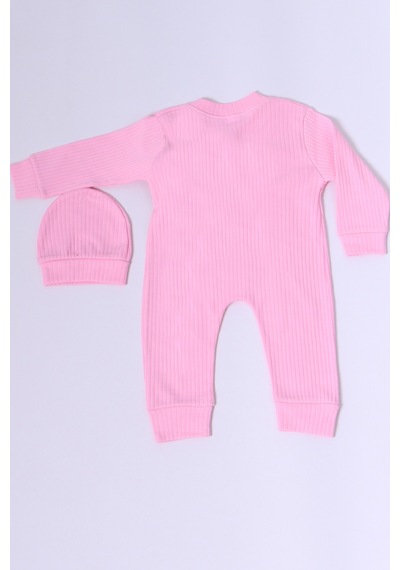 Hçm Bebek Tulum Şapka Hediyeli Düğmeli Ayıcık Detaylı C32 Pembe