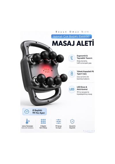 Masaj Aleti Taşınabilir Isıtmalı Çok Başlıklı Elektrikli Boyun Omuz Sırt Masaj Cihazı Led Ekranlı Diğer