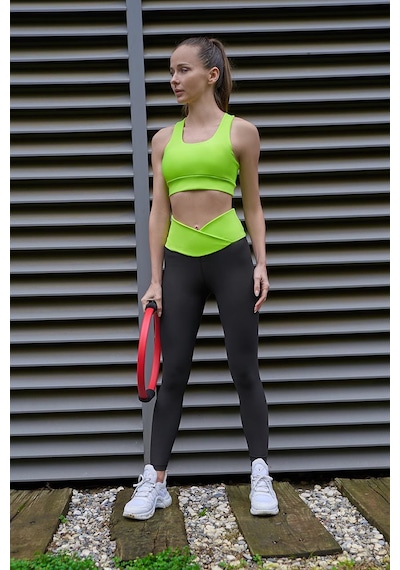 Lismina Beli Çapraz Tasarımlı Toparlayıcı Spor Tayt Neon Sarı - Siyah