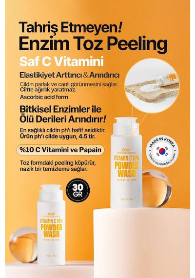 Derma Factory %10 C Vitamini İçeren Toz Enzim Peeling Derma Factory Vitamin C Powder Wash Yüz Peelingi 50gr