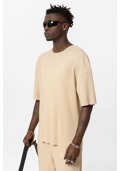 Basic Oversize Bisiklet Yaka Ottoman Takım Bej