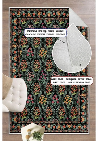 Modern Floral Desen Baskılı Kaymaz Yıkanabilir Salon Oturma Odası Mutfak Balkon Halısı Yolluk Siyah