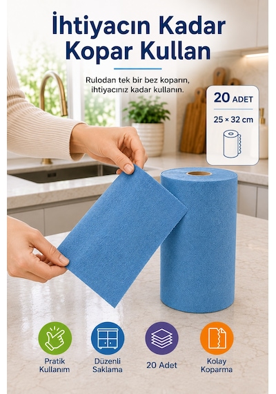 Kopar Kullan Mikrofiber Rulo Bez 20 Adet 25x32 Cm Islak Kuru Çok Amaçlı Temizlik Bezi Mutfak Banyo Mavi