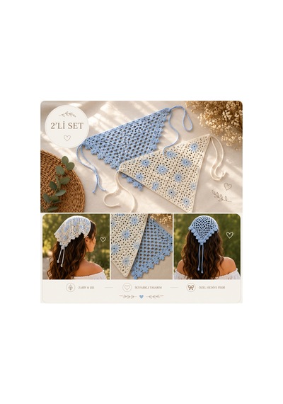 Örgü Bandana 2 Li Set Mavi+ Mavi Desenli - 921866720 Mavi+ Mavi Desenli