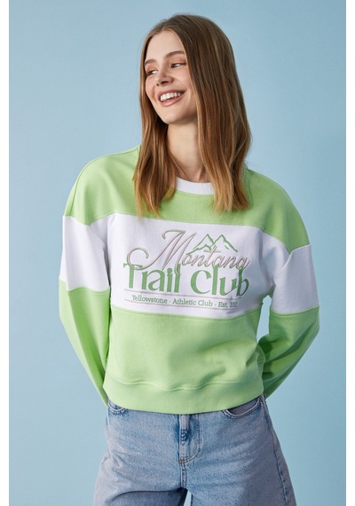 ETHIQUET Ethıquet Payne Kadın Bisiklet Yaka Oversize Beyaz / Fıstık Yeşili Sweatshirt Yeşil - Beyaz