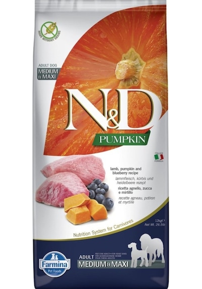 N&D Adult Bal Kabaklı Kuzu Etli ve Yaban Mersinli Tahılsız Orta ve Büyük Irk Yetişkin Köpek Maması 12 KG