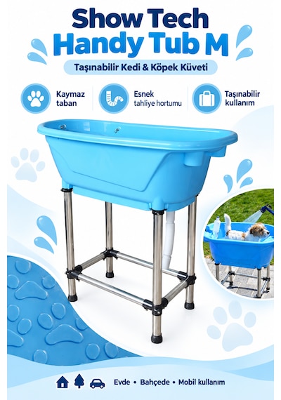 Showtech Handy Tub M Taşınabilir Kedi Köpek Küveti 96cm X 50cm X91cm Mavi